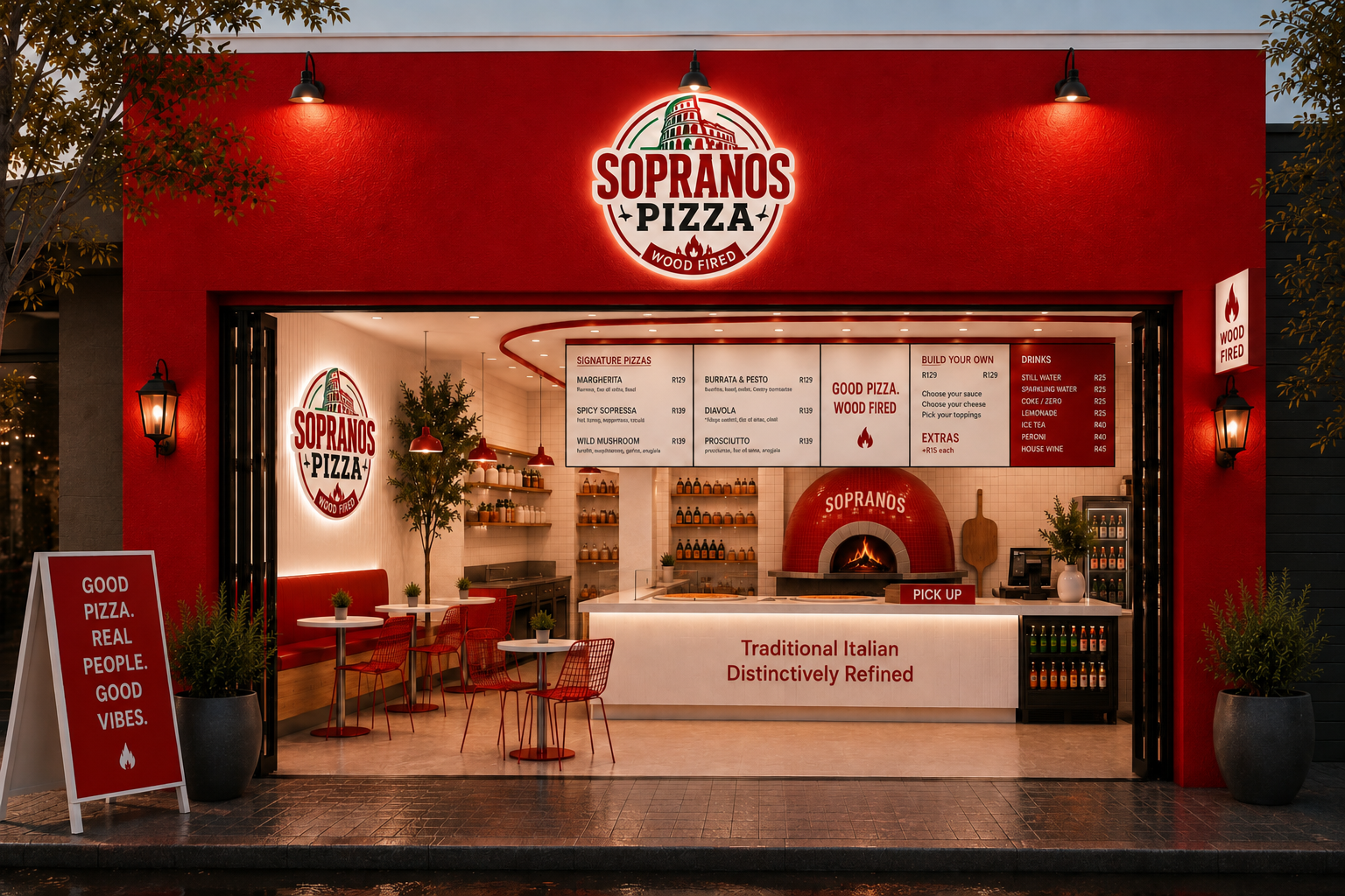 Red SOPRANOS™ Pizza franchise store render